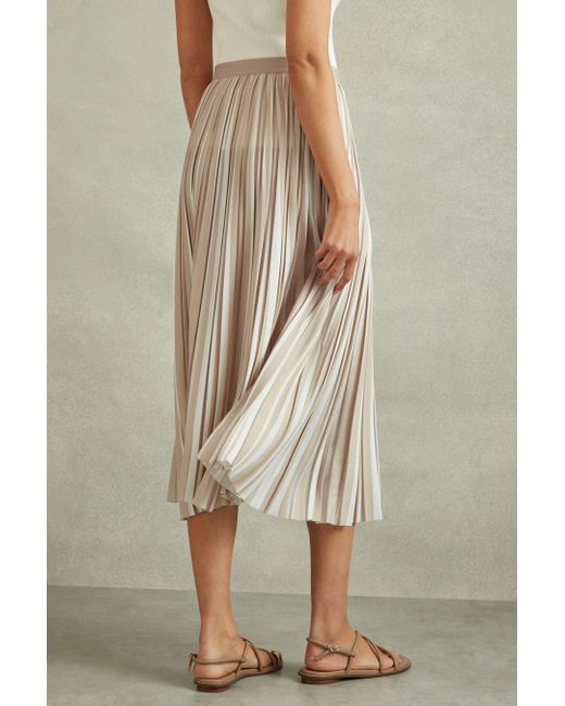 Reiss Natural Lexie - Neutral Striped Pleated Midi Skirt