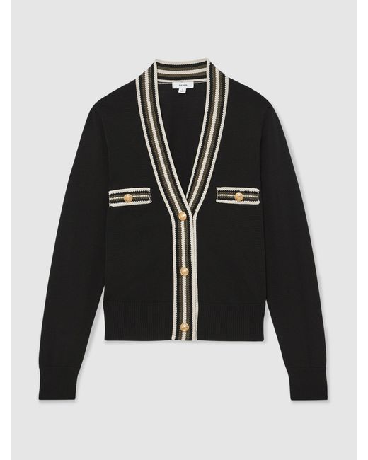 Reiss Black Khaki Tipped Button-Through Cardigan
