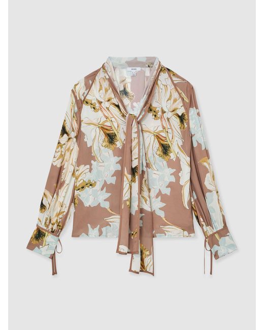 Reiss Natural Maggie - Pink/ivory Floral-print Tie-neck Blouse, Us 2