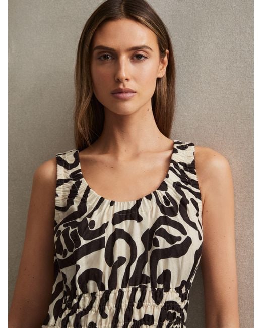 Reiss Natural Akari - Brown/ivory Linen-blend Printed Shirred Midi Dress, Us 10