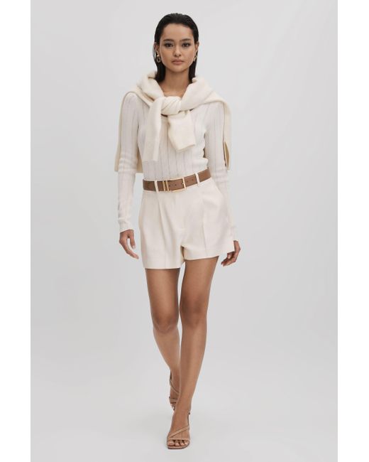 Reiss Natural Millie - Cream Front Pleat Tailored Shorts