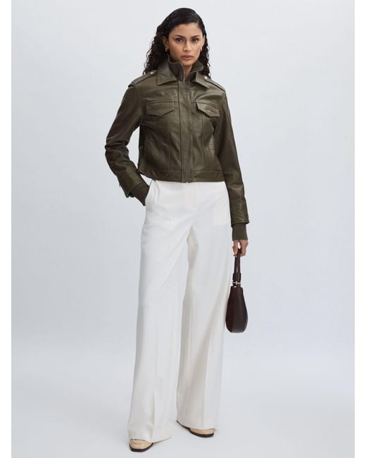 PAIGE Brown Leather Cropped Bomber Jacket
