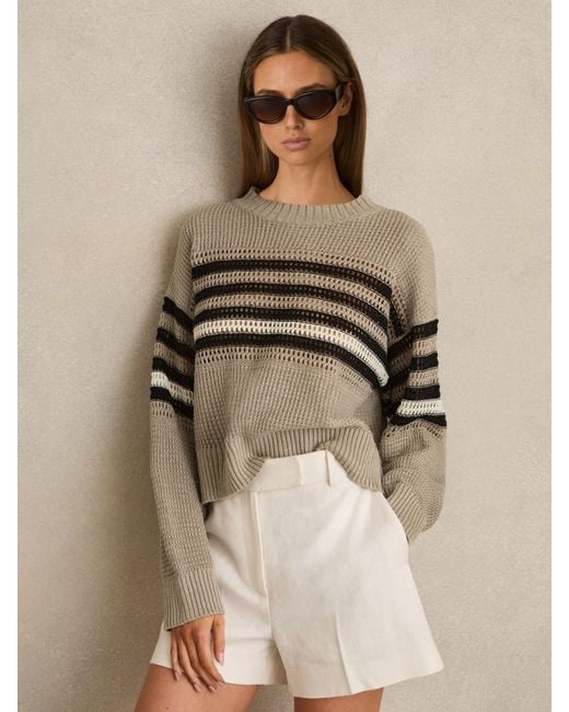 Reiss Natural Catrice - Neutral/black Linen Crochet Striped Jumper, Large (us 12-14)