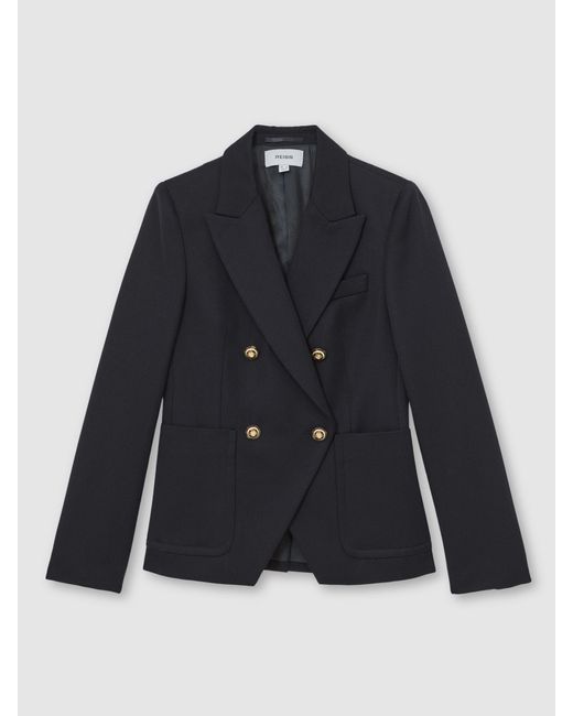Reiss Blue Gigi - Navy Petite Wool-blend Double-breasted Blazer, Us 10