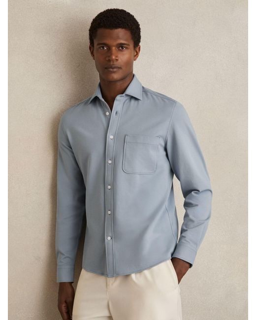 Reiss Blue Cotton-Twill Cutaway-Collar Overshirt for men