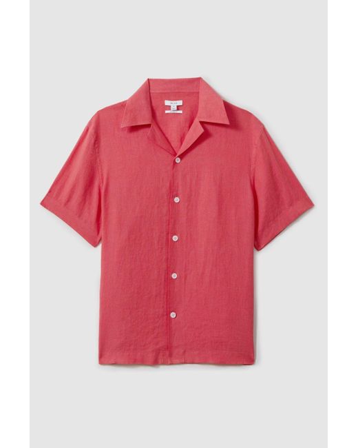 Reiss Red Beldi - Coral Relaxed Linen Cuban Collar Shirt, L for men