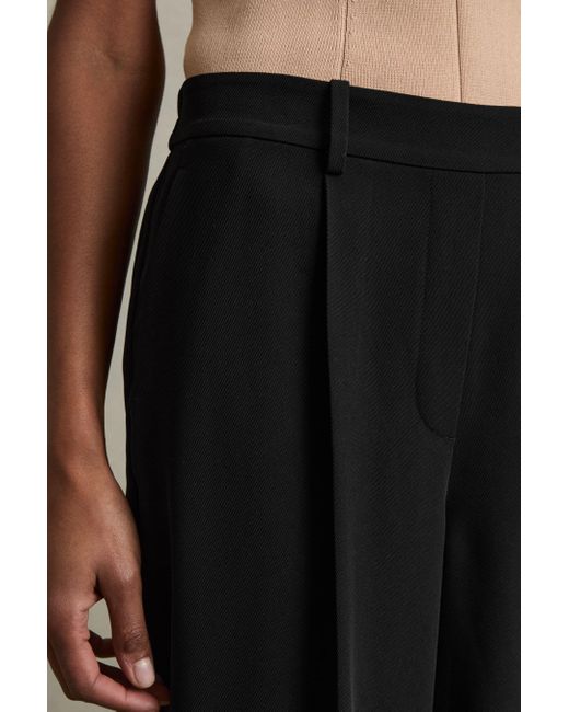 Reiss Black Petite Elasticated-Waist Wide-Leg Twill Trousers