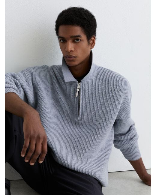 Reiss Gray Cotton-Blend Rib Half-Zip Polo Jumper for men