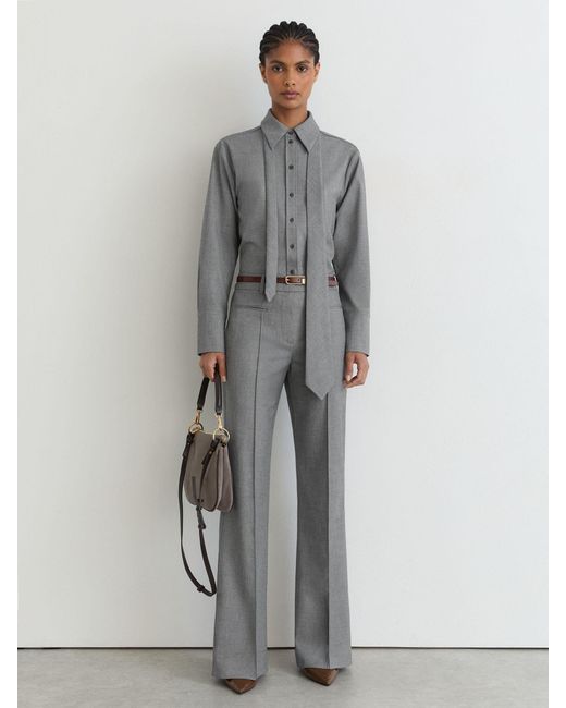 Reiss Gray Woven Neck-Tie Long-Sleeve Shirt