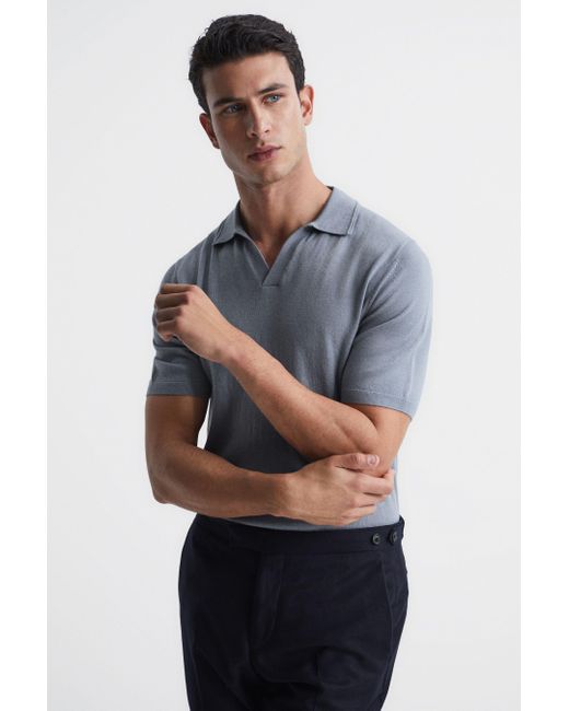 Reiss Duchie - Dove Blue Merino Wool Open Collar Polo Shirt, M for men