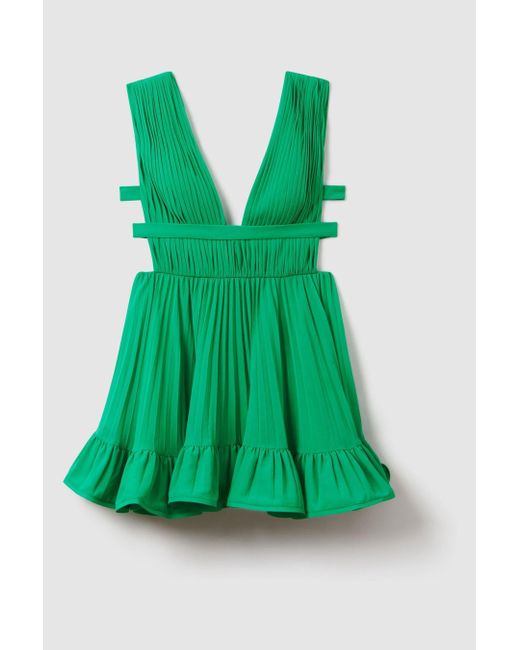 AMUR Green Pleated Plunge Neck Mini Dress