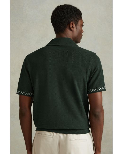 Reiss Natural Cosmos - Green/ecru Textured Embroidered Cuban Collar Shirt for men
