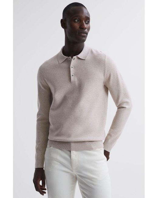 Reiss Gray Sharp - Oatmeal Melange Long Sleeve Polo Shirt for men
