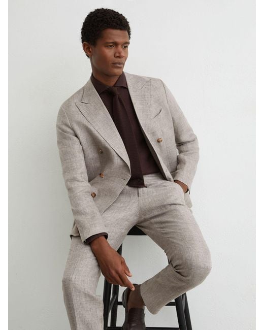 Reiss Gray Tailored Fit Linen Double-Breasted Suit Blazer for men