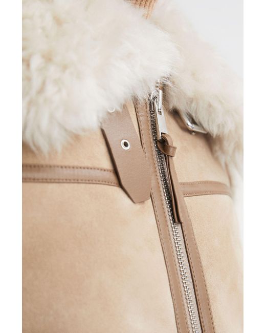 Reiss Natural Asher - Neutral Suede Sheepskin Zip-through Jacket, S