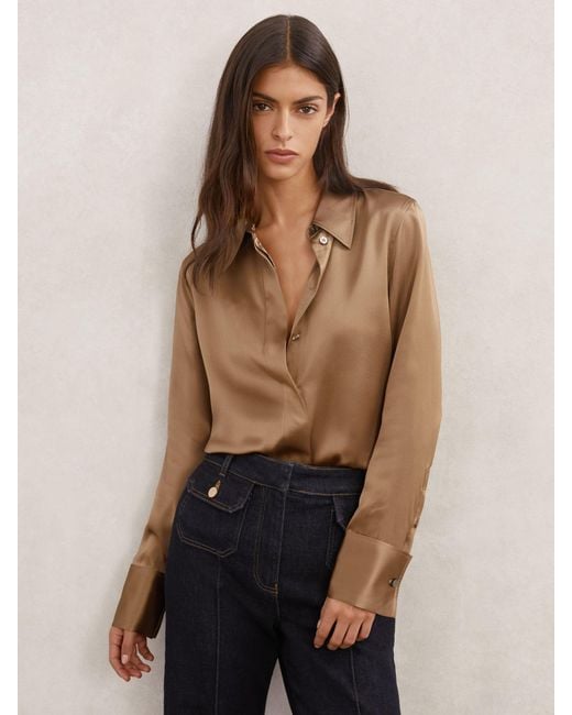 Reiss Natural Ameira - Camel Silk Satin Shirt, Us 12
