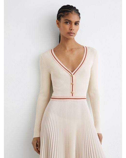 Reiss Natural Rib-Knit Stripe-Trim Pleated Midi Dress
