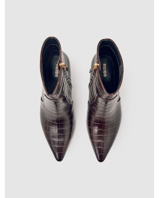 Reiss Brown Leather Crocodile-Effect Ankle Boots