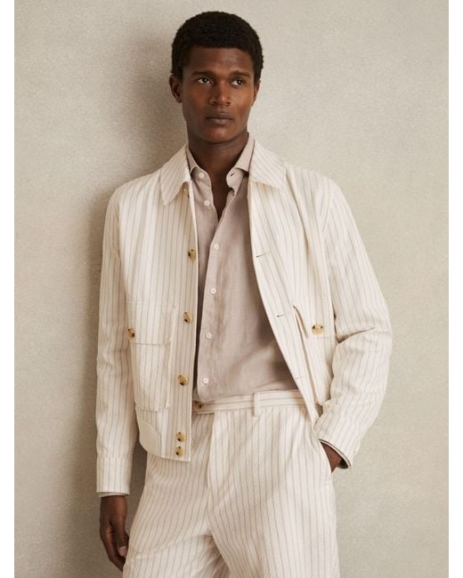 Reiss Natural Easton - Off White/taupe Brown Cotton-blend Pinstripe Harrington Jacket, M for men
