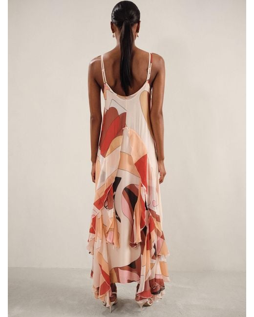 Reiss Multicolor Sasha - Cream/red Printed Ruffle Trim Maxi Dress, Us 0
