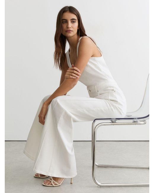 Reiss White Wide-Leg Racer-Back Denim Jumpsuit