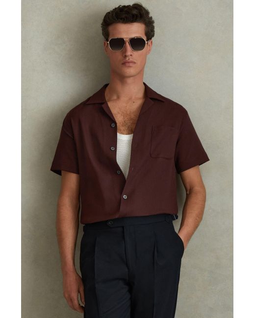 Reiss Brown Nitus - Tobacco Herringbone Cuban Collar Shirt, Xxl for men