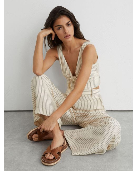 Reiss Brown Suede Contrast-Stitch Flat Sandals