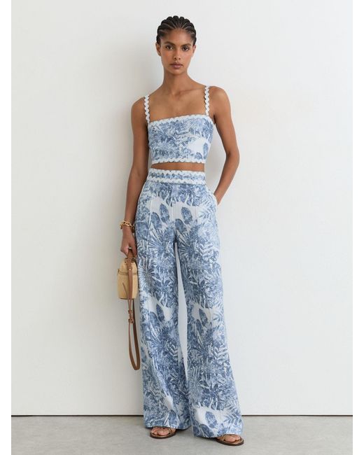 Reiss Mila - Blue Linen Wave-trim Printed Wide-leg Trousers, 18l