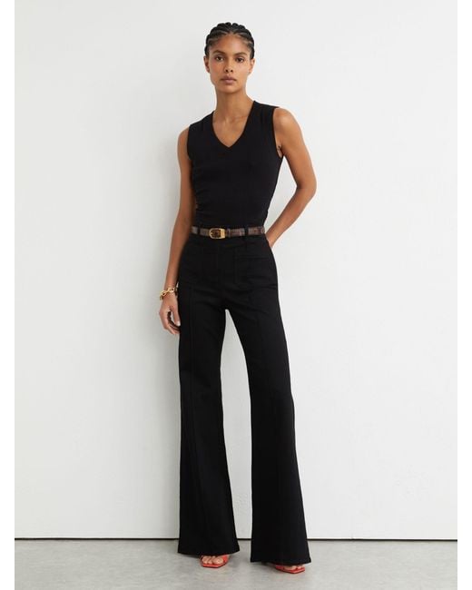 Reiss Black Stretch-Cotton Rib Ruched V-Neck Vest