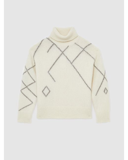 Reiss Natural Cream & Taupe Wool-Blend Roll-Neck Argyle Jumper