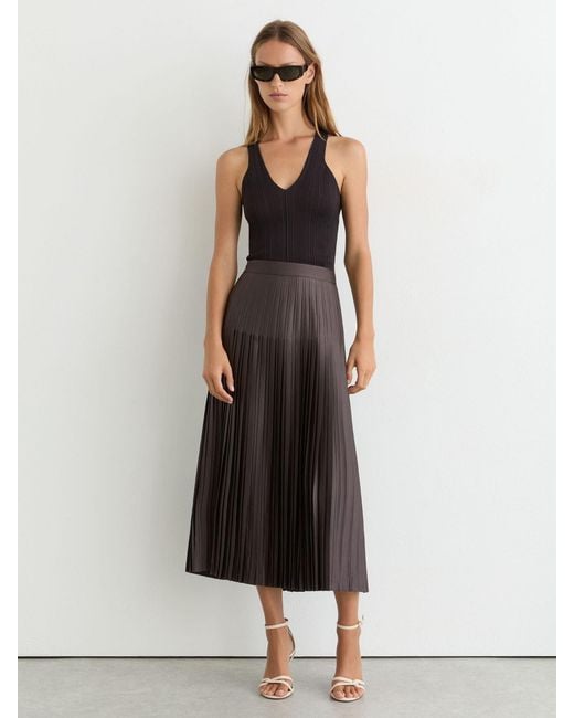 Reiss Black Petite Satin Pleated Midi Skirt