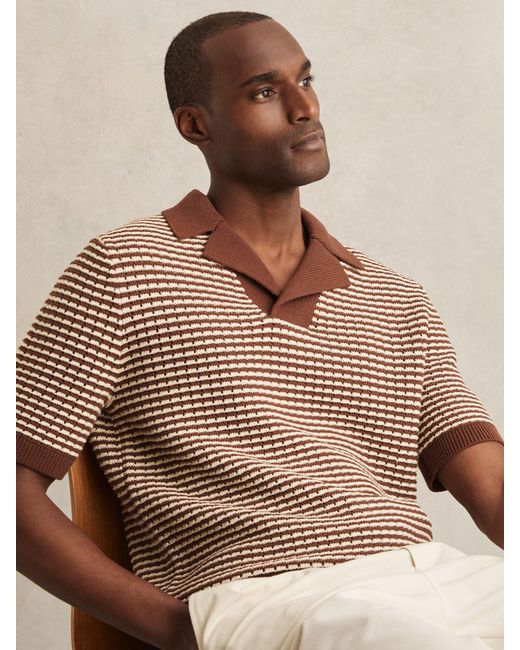 Reiss Brown Tobacco & Off Cotton Textured Knit Stripe Polo Shirt for men