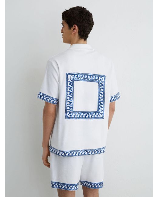 Reiss Blue Bleeker - White Cotton-blend Towelling Embroidered Shirt, Large for men