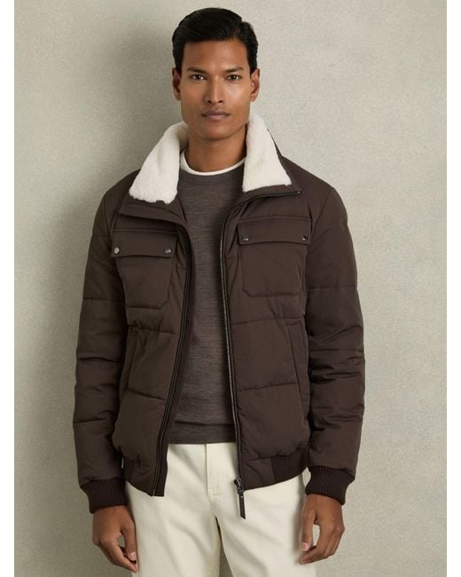 Reiss Brown Faux-Fur Collar Puffer Jacket for men