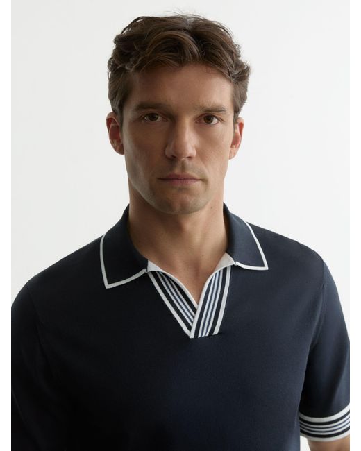 Reiss Blue Tipped Open-Collar Knitted Polo Shirt for men