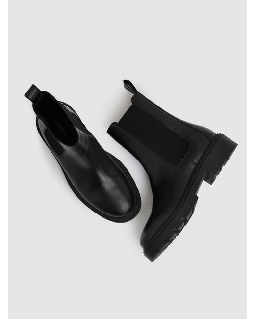 Reiss Black Leather Cleated Sole Chelsea Boots