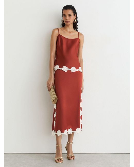 Reiss Red Satin Floral-Lace Trim Midi Skirt