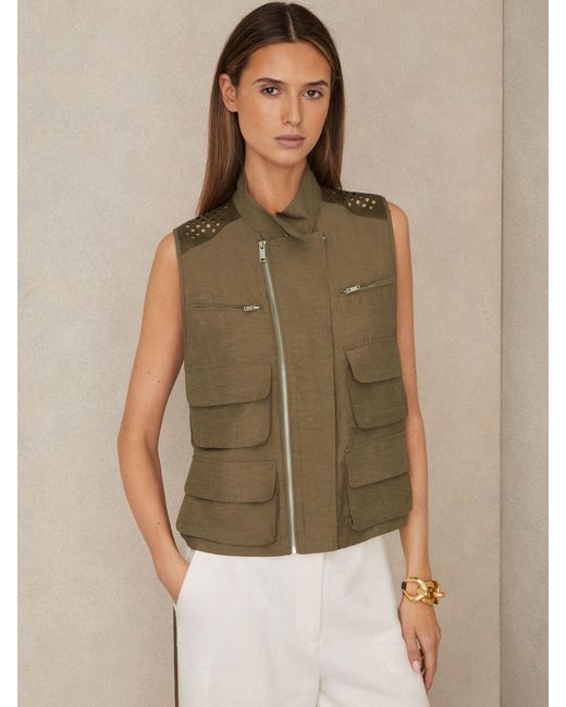 Reiss Green Grace Cargo-Pocket Laser-Cut Gilet With Linen