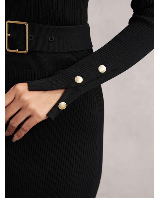 Reiss Black Buttoned Rib-Knit Midi Dress