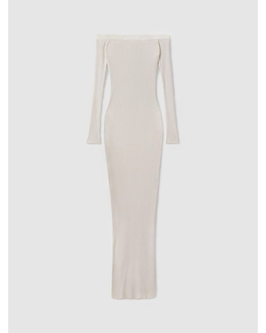 GOOD AMERICAN Gray Ribbed Off The Shoulder Maxi Dress