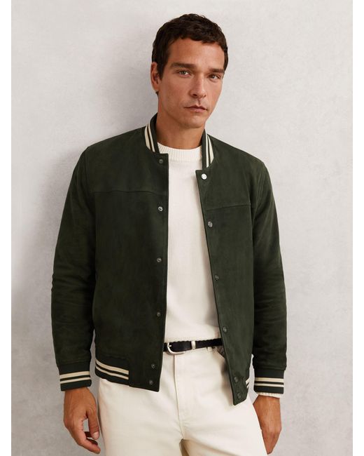 Reiss Black Suede Stripe-Trim Bomber Jacket for men