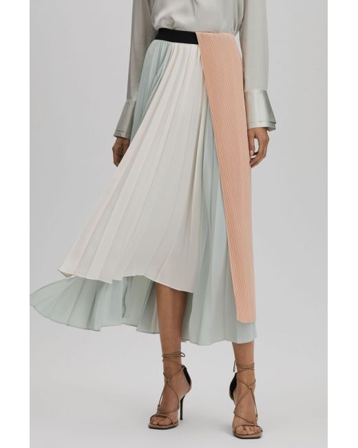 Reiss Multicolor Maddie - Pink/cream Pleated Asymmetric Midi Skirt, Us 0