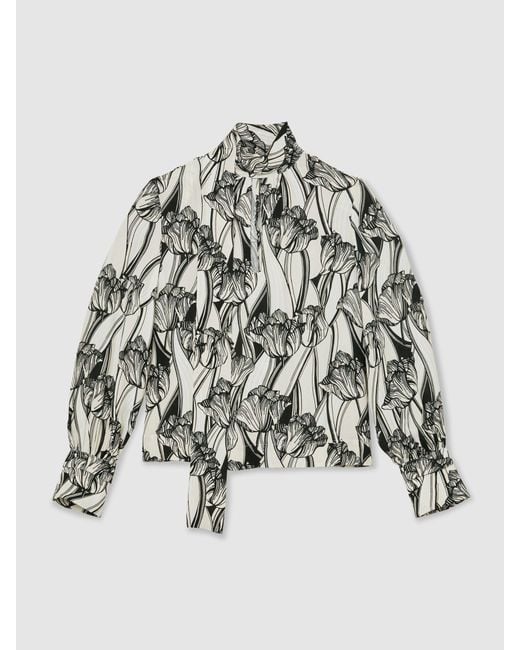 Reiss Black Silk Floral-Print Tie-Neck Blouse