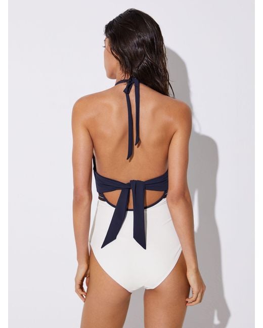 Reiss White Giana - Ivory/navy Colour-block Halterneck Swimsuit, Us 2
