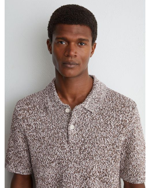 Reiss Gray Camel Cotton-Blend Half-Button Marled Polo for men