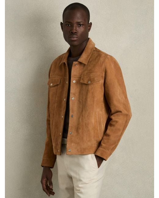 Reiss Natural Tobacco Suede Press-Stud Jacket for men