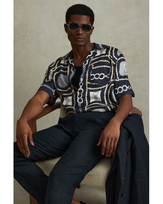 Reiss Blue Jenson - Navy Chain Print Cuban Collar Shirt for men
