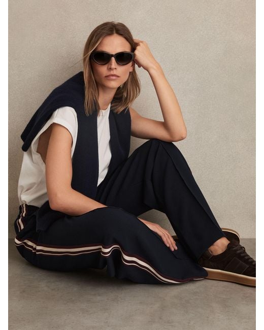 Reiss Natural Robyn - Navy Petite Side-stripe Wide-leg Trousers, Us 0
