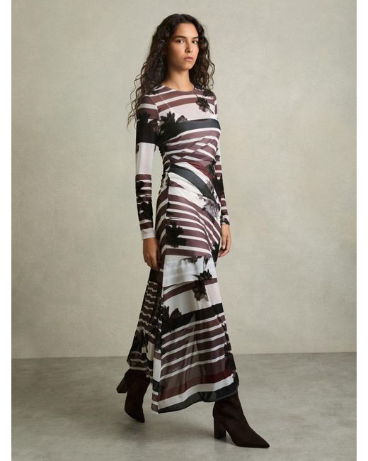 Reiss Natural Chiara Dress Stripe Print, Burgundy