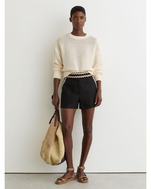 Reiss Natural Mila - Black Linen Wave-trim Shorts, Us 0